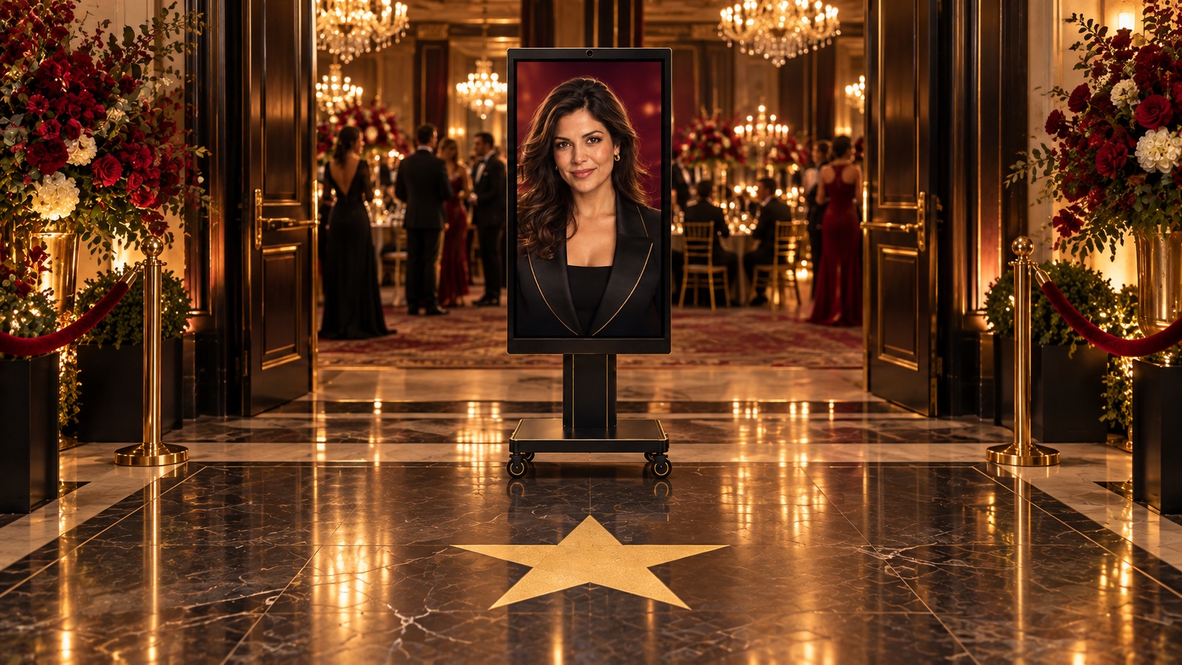 Awards concierge kiosk and standing star at a gala ballroom entrance