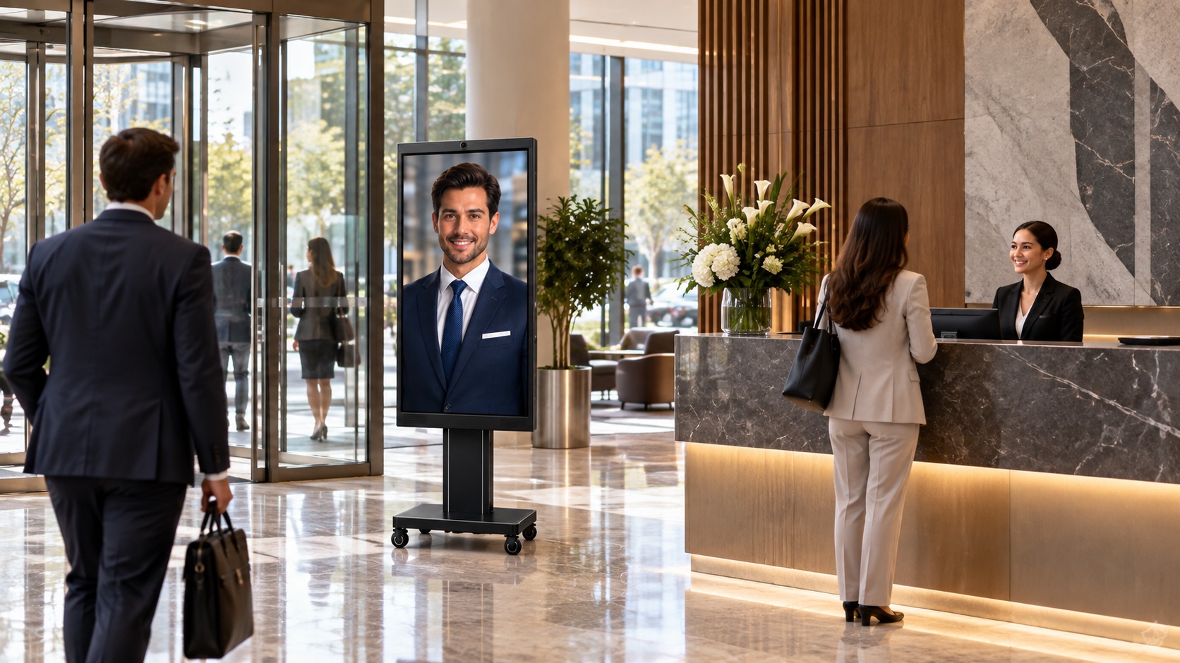 Corporate AI concierge kiosk in a modern front-office reception area