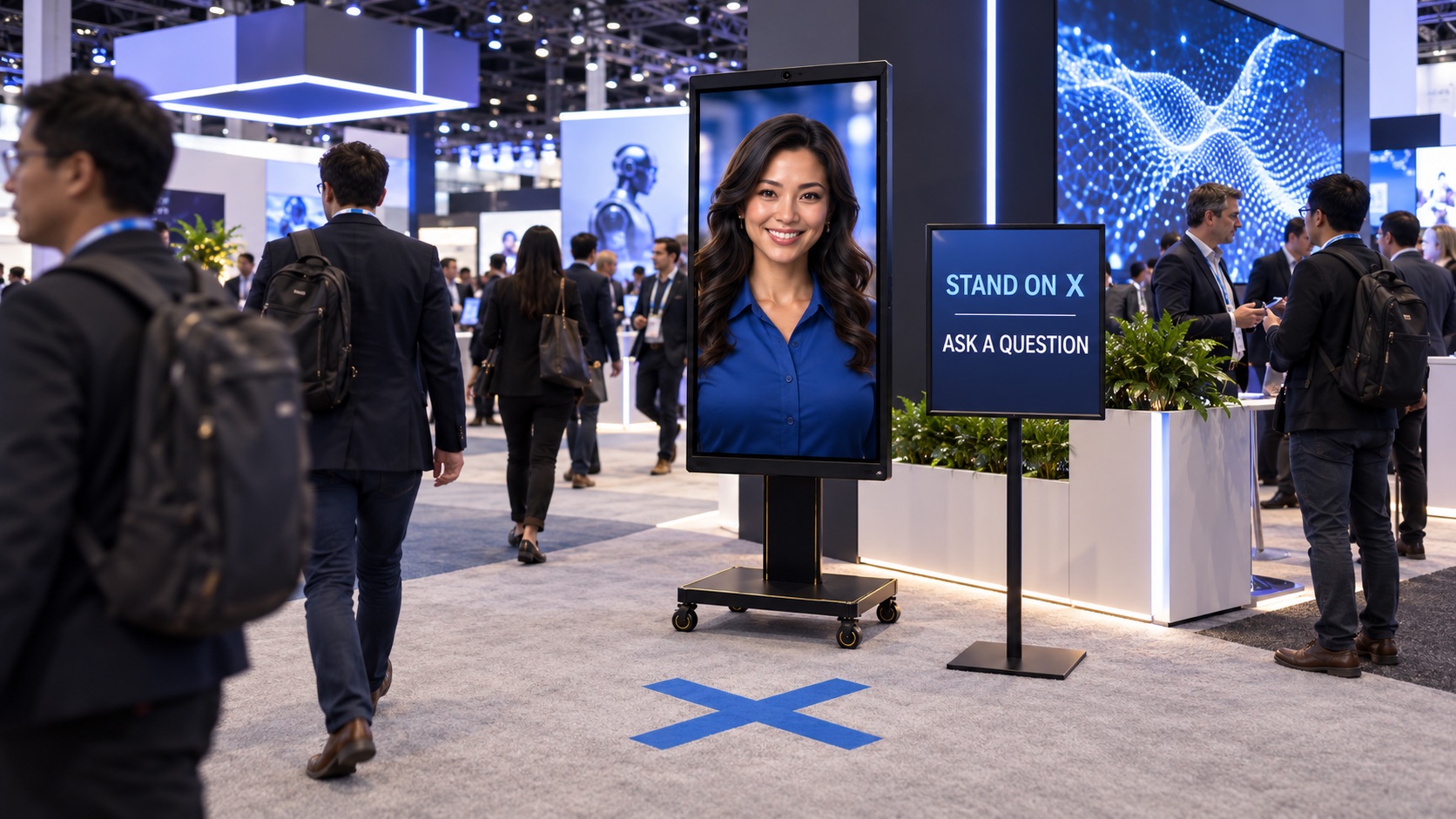 Exhibitor AI concierge kiosk with a standing marker in a technology convention hall