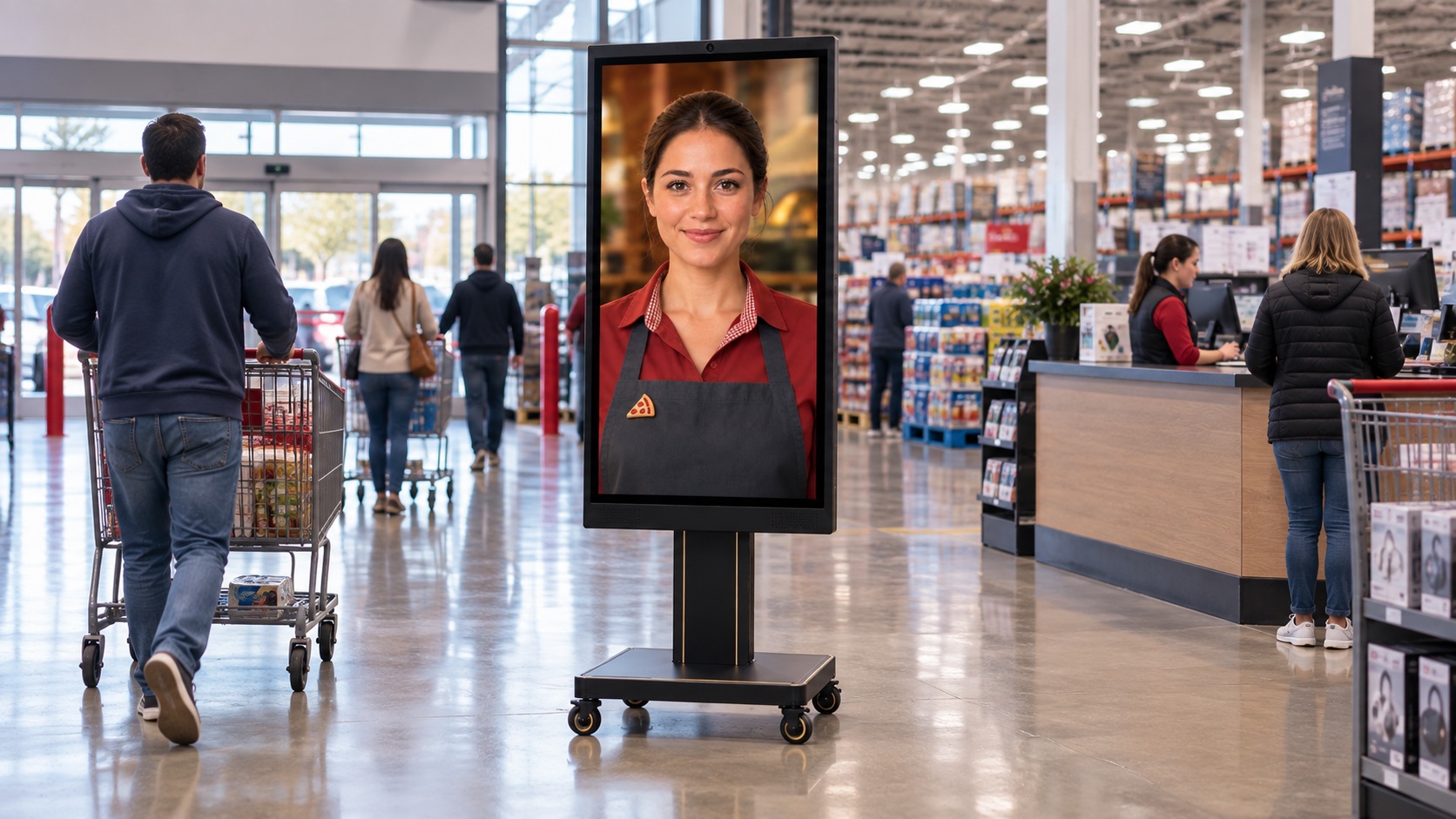 Hospitality AI concierge kiosk near the entrance of a big-box retailer