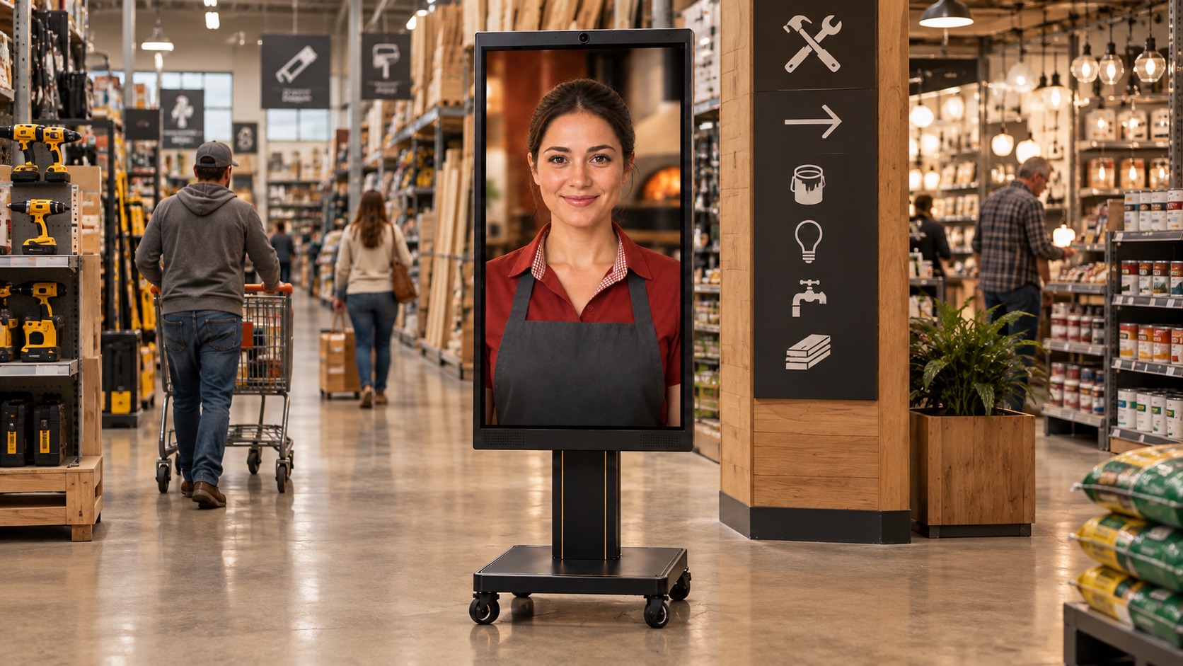 Hospitality AI concierge kiosk in a hardware store