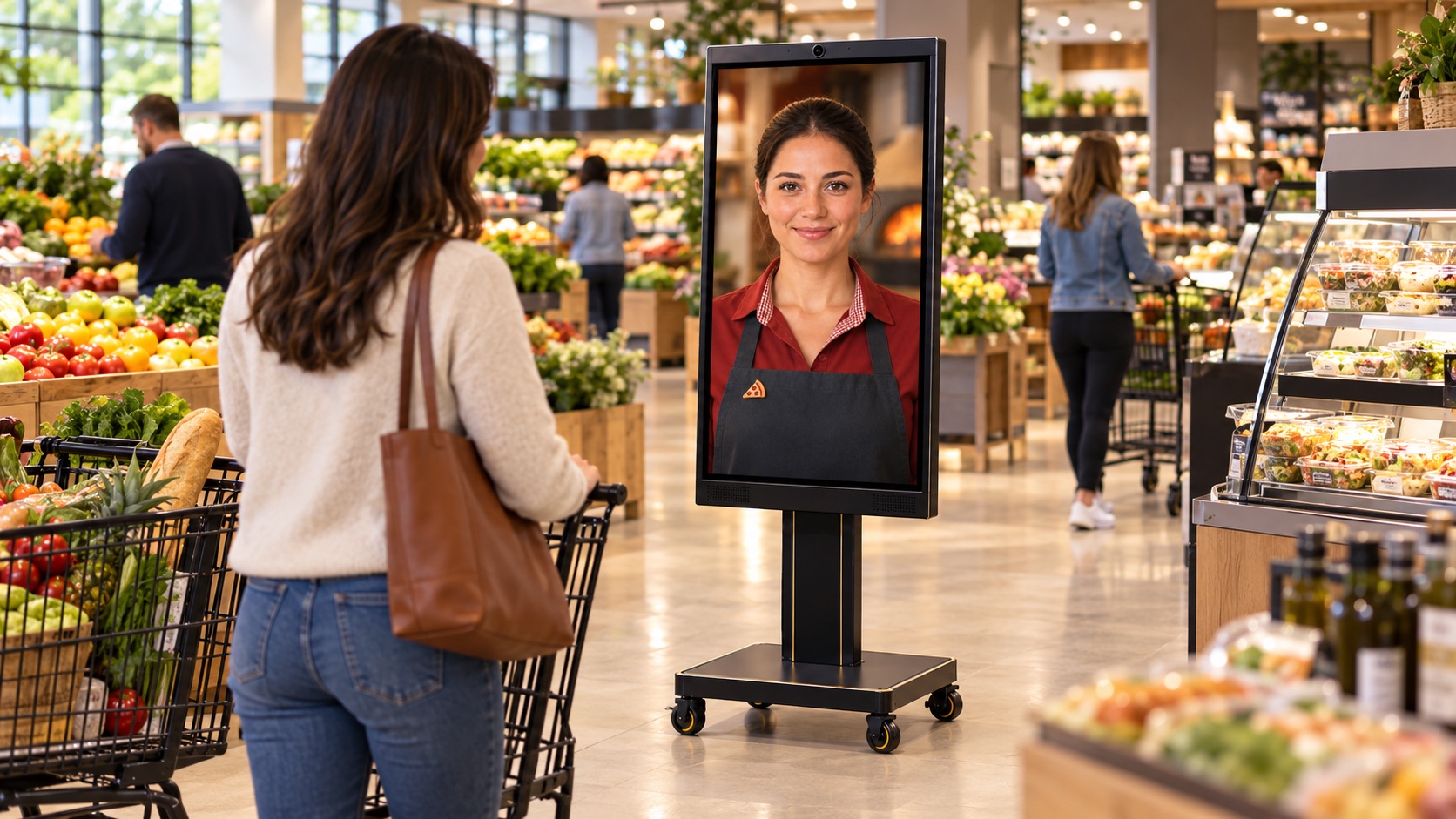 Hospitality AI concierge kiosk in a supermarket